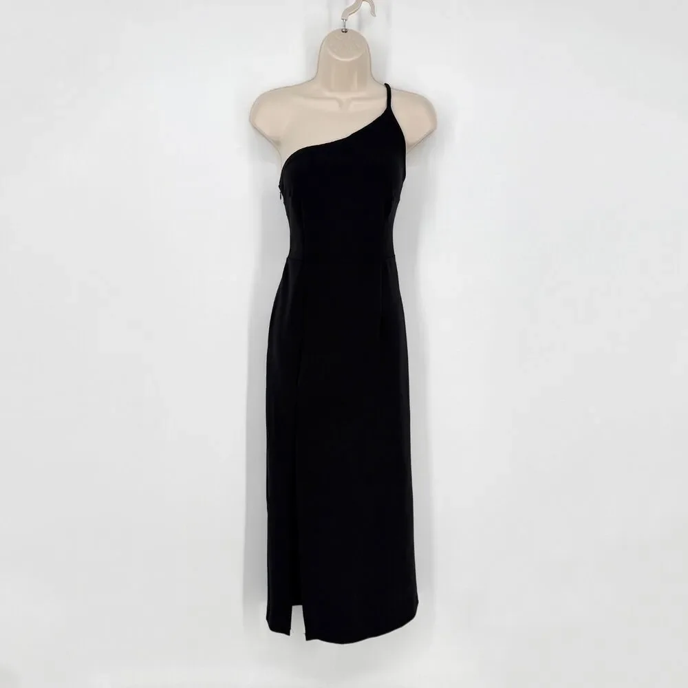abercrombie asymmetrical dress Women's Long-Sleeve Mesh Asymmetrical Draped Maxi Dress in Black | Size XS TALL